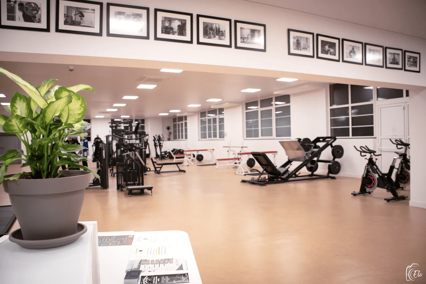 Large weights and cardio room at Cross Training Nation: pin-loaded machines, leg press and spin bikes