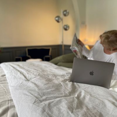 Reading in bed with a laptop in soft evening light